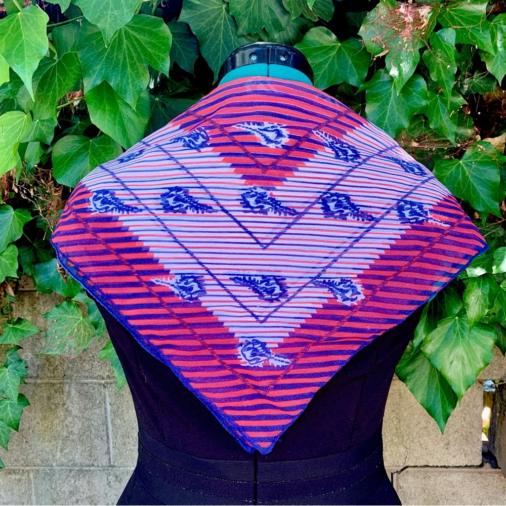 Vintage 60s Seashell Scarf Red Blue Stripe MCM Nautical Summer Handkerchief